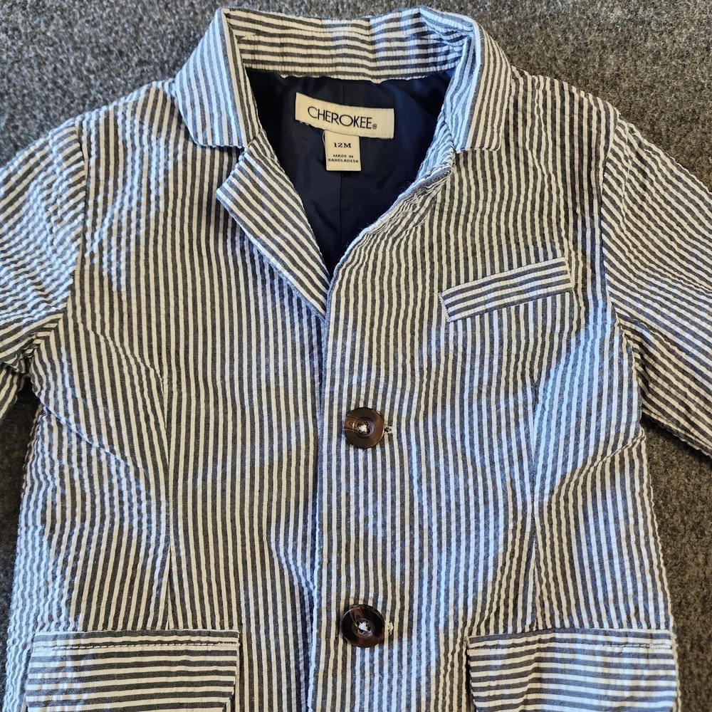 Cherokee Baby Boy Seersucker Blazer Jacket Blue White Stripe Size 12M
